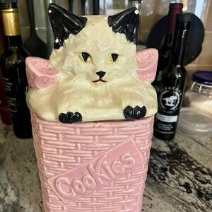 Vintage McCoy brand Cat in Basket Pink Cookie Jar